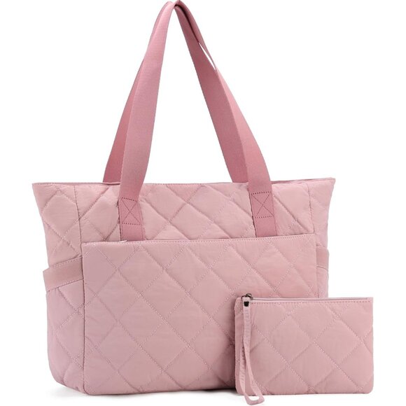 Pink Women's Quilted Puffer Tote Bag 15.6inch Travel Work with Pouch - Picture 1 of 7